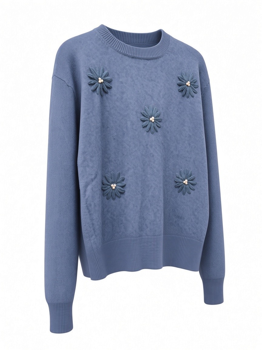 Dámsky pulóver s výšivkou kvietkov s perličkami COZY JEANS BLUE Modrá s.WEAR 3